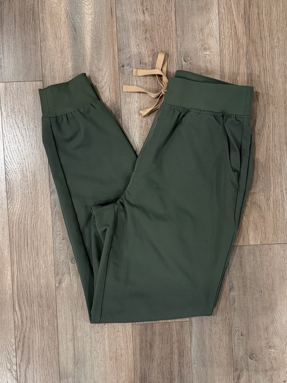 Figs Moss Olive Green Zamora Jogger Pants with Tan Drawstring